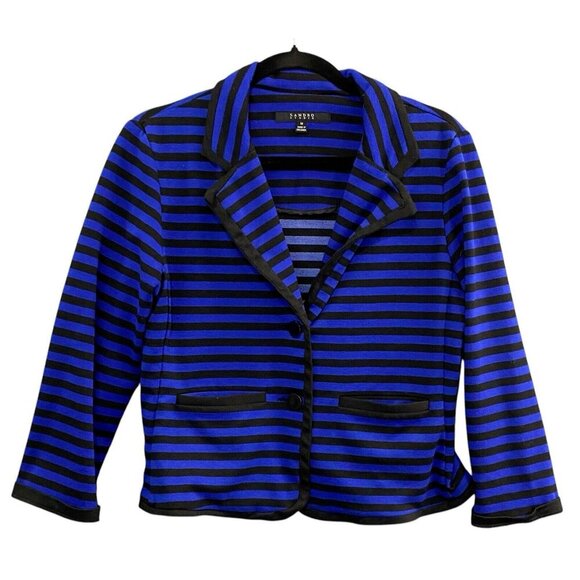 SANDRO Women Crop Blazer Size M Blue Black Stripe Office Career Casual 54-18 - Picture 1 of 9